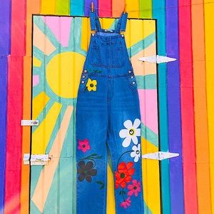 Vintage Hand-Painted Floral Denim Overalls